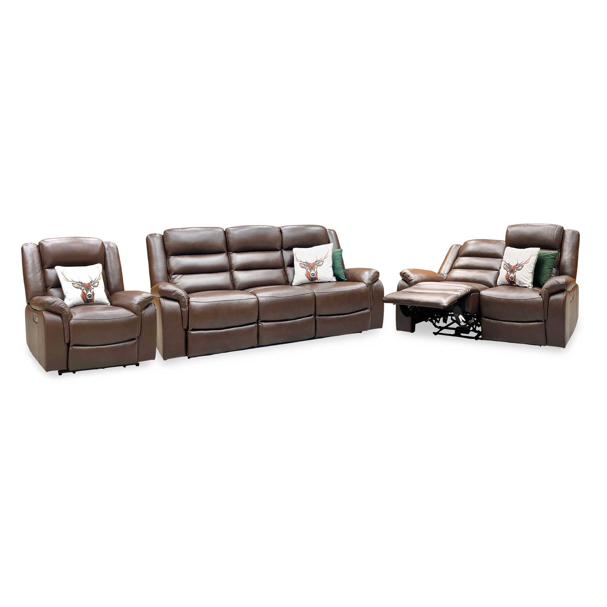 ‘Berlin’ Cognac Brown Leather 3 + 2 Seater Power Recliner with Power Armchair Sofa Set Direct From Manufacturer