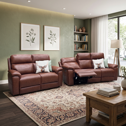 ‘Raven’ Montana Butterscotch Brown Cat-60_07 Leather Power Recliner 3 Seater + Static 2 Seater Sofa Set