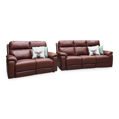‘Raven’ Montana Butterscotch Brown Cat-60_07 Leather Power Recliner 3 Seater + Static 2 Seater Sofa Set