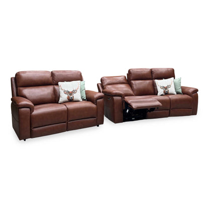 ‘Raven’ Montana Butterscotch Brown Cat-60_07 Leather Power Recliner 3 Seater + Static 2 Seater Sofa Set