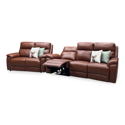 ‘Raven’ Montana Butterscotch Brown Cat-60_07 Leather Power Recliner 3 Seater + Static 2 Seater Sofa Set