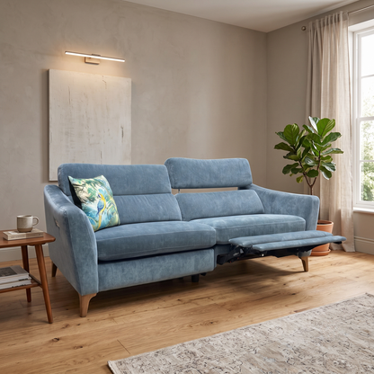 ‘Moderna’ Mht Airforce Blue Sw Fabric 3 Seater Power Recliner Sofa with Telescopic Headrests