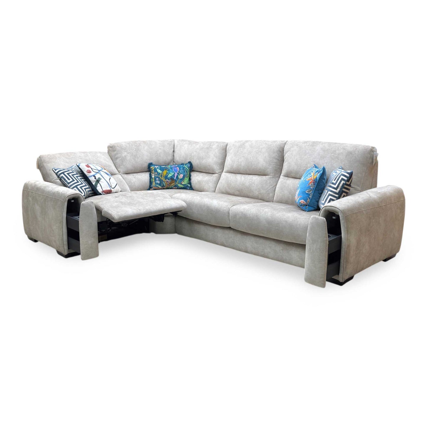 ‘Flex’ Bfa-Bnn-R26 Cream Velvet Small Corner Sofa with Power Recliner and Storage Arms