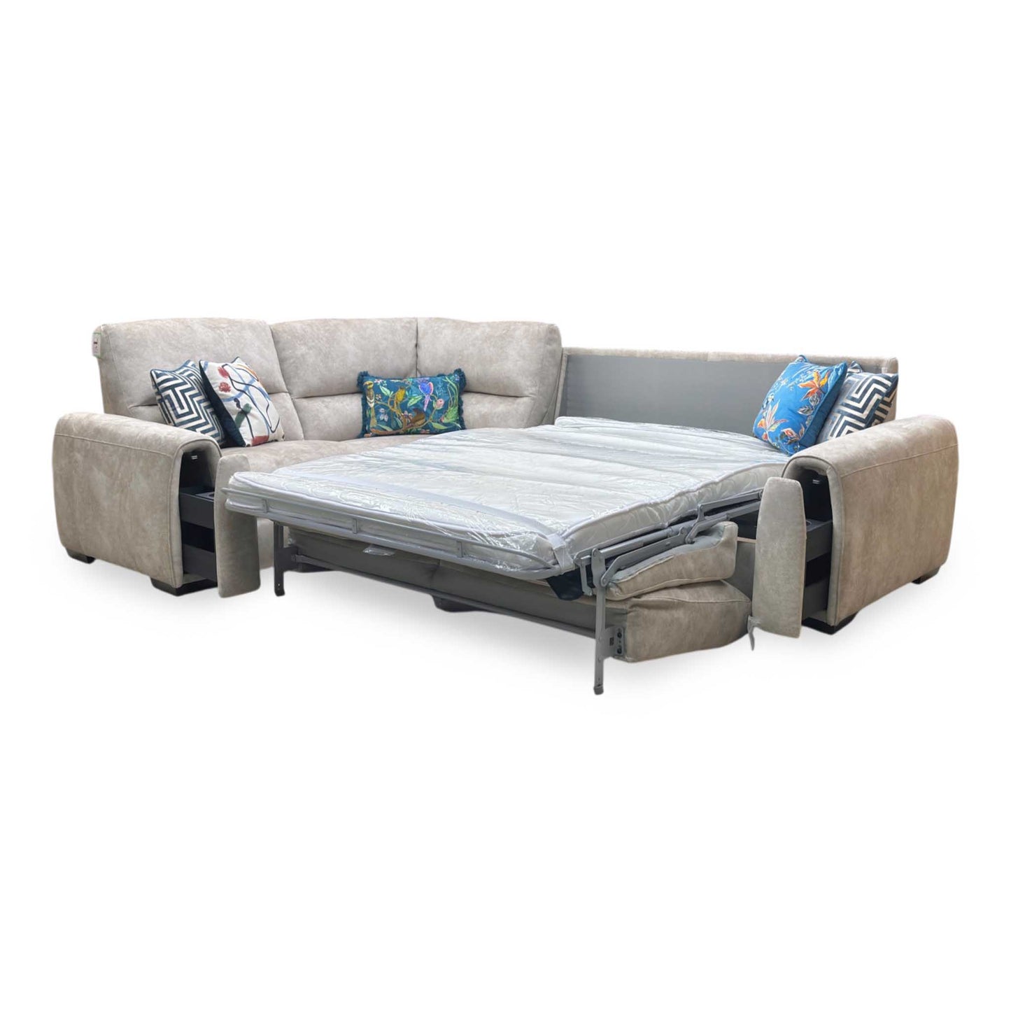 ‘Flex’ Bfa-Bnn-R26 Cream Velvet Small Corner Sofa with Power Recliner and Storage Arms