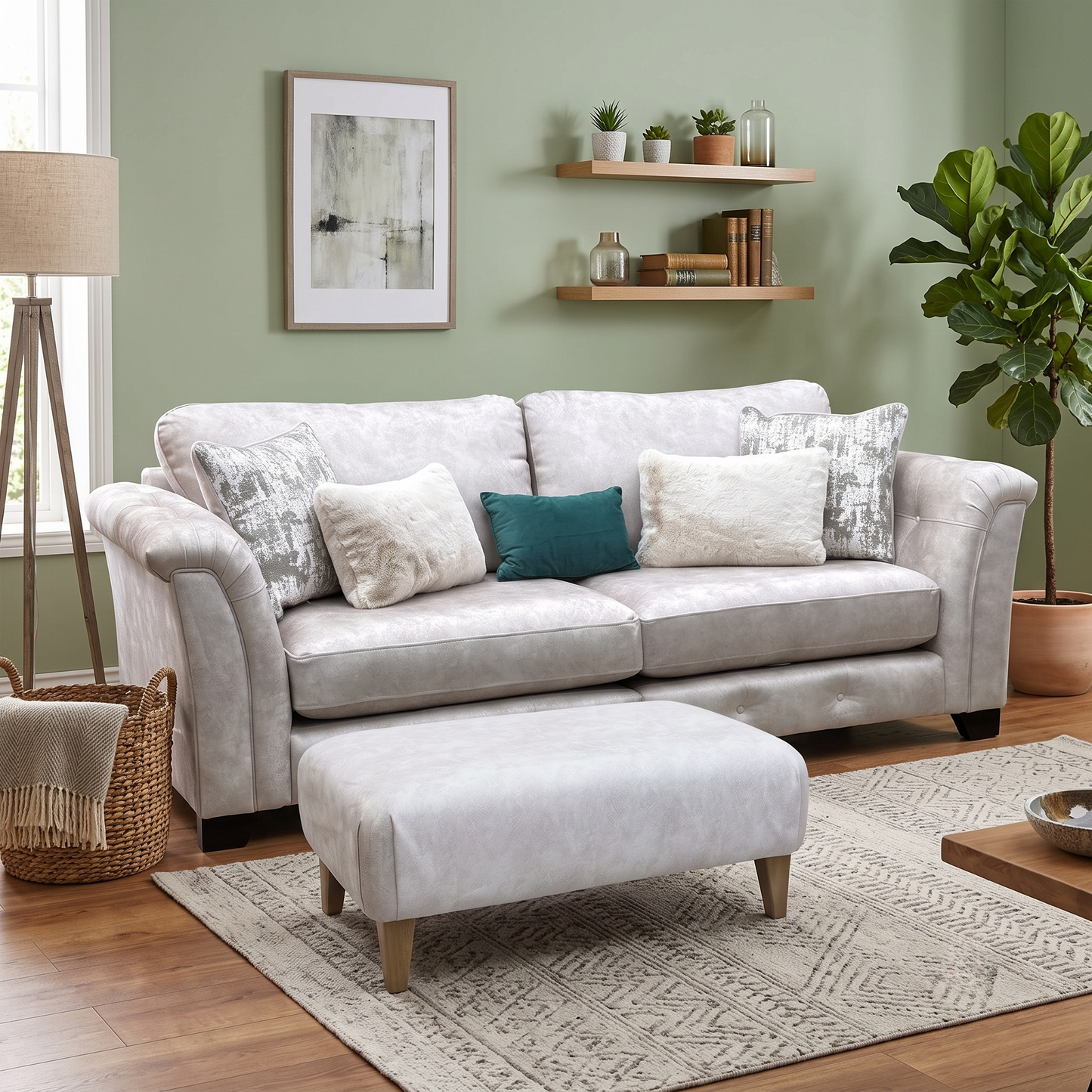 'Aura' Kenzo Cream Dw Ft Fabric 4 Seater Classic Back Split Frame Sofa with Footstool