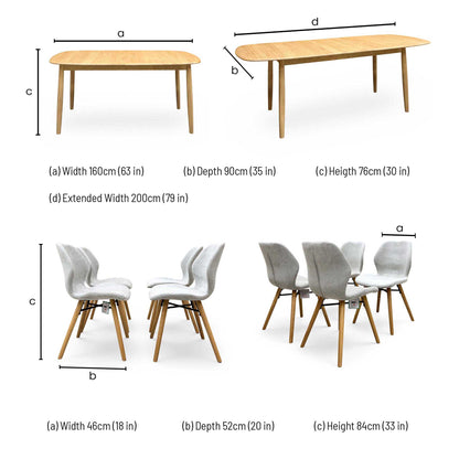 'Stockholm' Light Oak Solid Oak 160cm Extending Dining Table with Upholstered Dining Chairs - Set of 4
