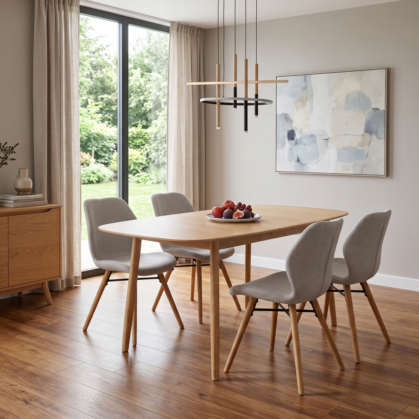 'Stockholm' Light Oak Solid Oak 160cm Extending Dining Table with Upholstered Dining Chairs - Set of 4