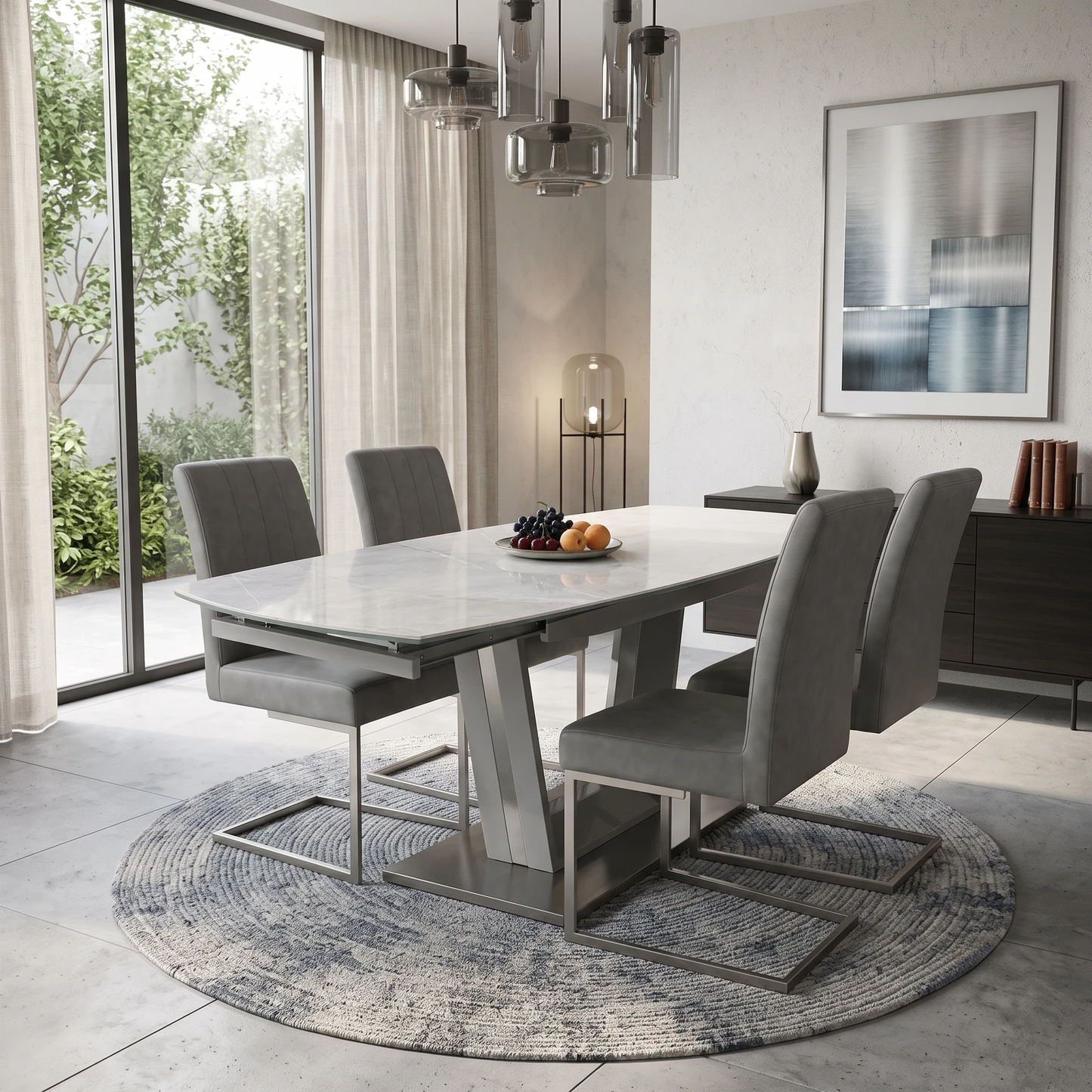 'Grigio' Ceramic Top Swivel Extending Dining Table with Grey Fabric Set of 4 Dining Chairs
