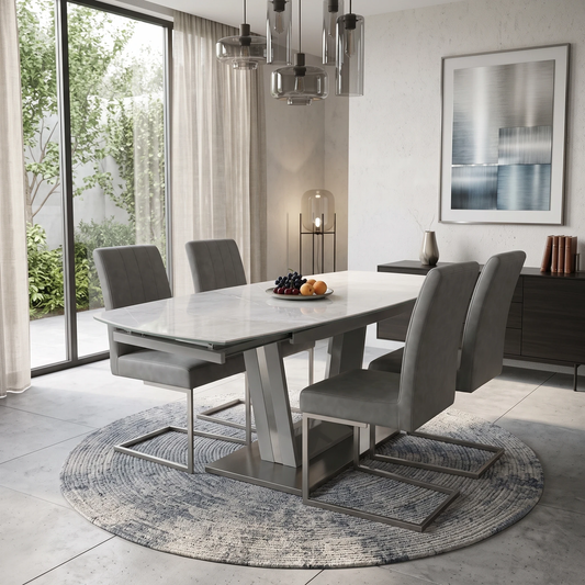 'Grigio' Ceramic Top Swivel Extending Dining Table with Grey Fabric Set of 4 Dining Chairs – view 2