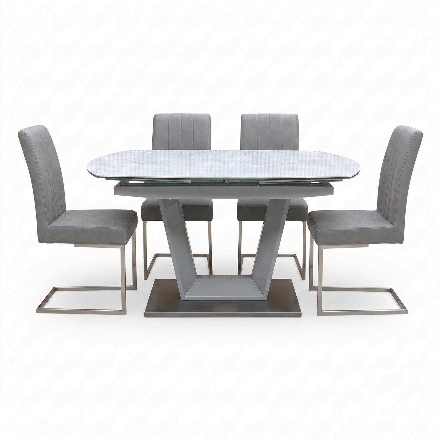 'Grigio' Ceramic Top Swivel Extending Dining Table with Grey Fabric Set of 4 Dining Chairs