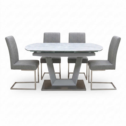 'Grigio' Ceramic Top Swivel Extending Dining Table with Grey Fabric Set of 4 Dining Chairs