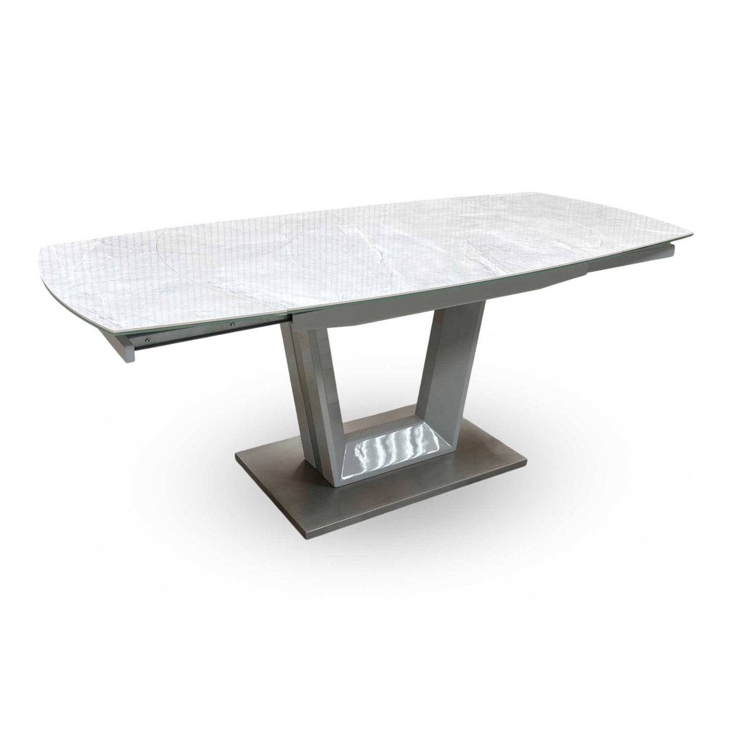 'Grigio' Ceramic Top Swivel Extending Dining Table with Grey Fabric Set of 4 Dining Chairs