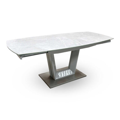 'Grigio' Ceramic Top Swivel Extending Dining Table with Grey Fabric Set of 4 Dining Chairs