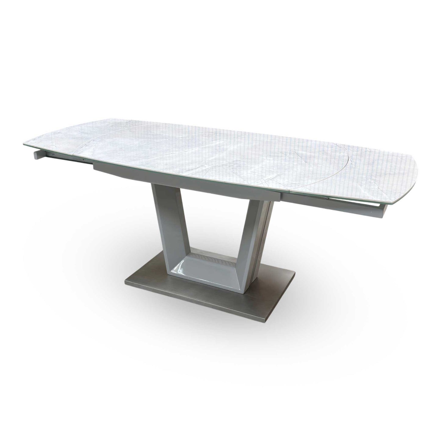 'Grigio' Ceramic Top Swivel Extending Dining Table with Grey Fabric Set of 4 Dining Chairs