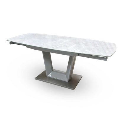 'Grigio' Ceramic Top Swivel Extending Dining Table with Grey Fabric Set of 4 Dining Chairs