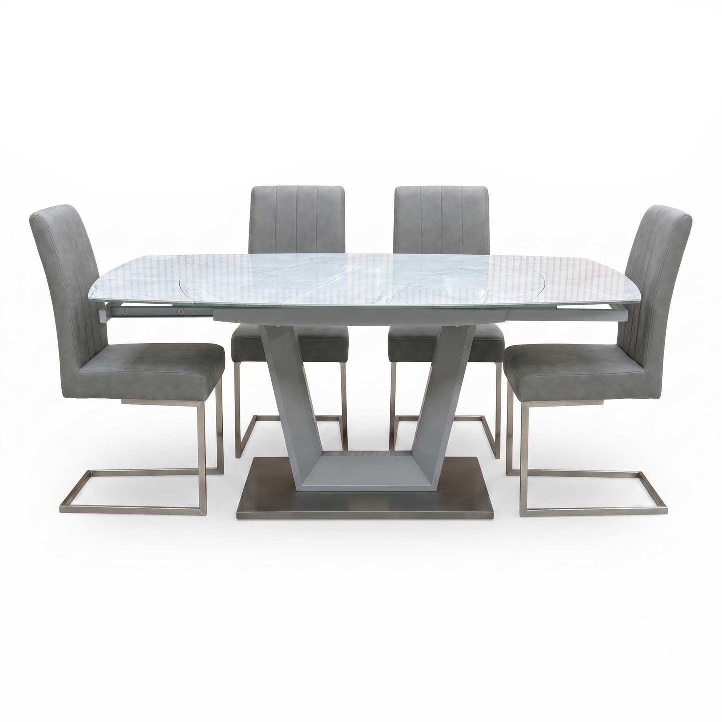 'Grigio' Ceramic Top Swivel Extending Dining Table with Grey Fabric Set of 4 Dining Chairs