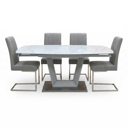 'Grigio' Ceramic Top Swivel Extending Dining Table with Grey Fabric Set of 4 Dining Chairs