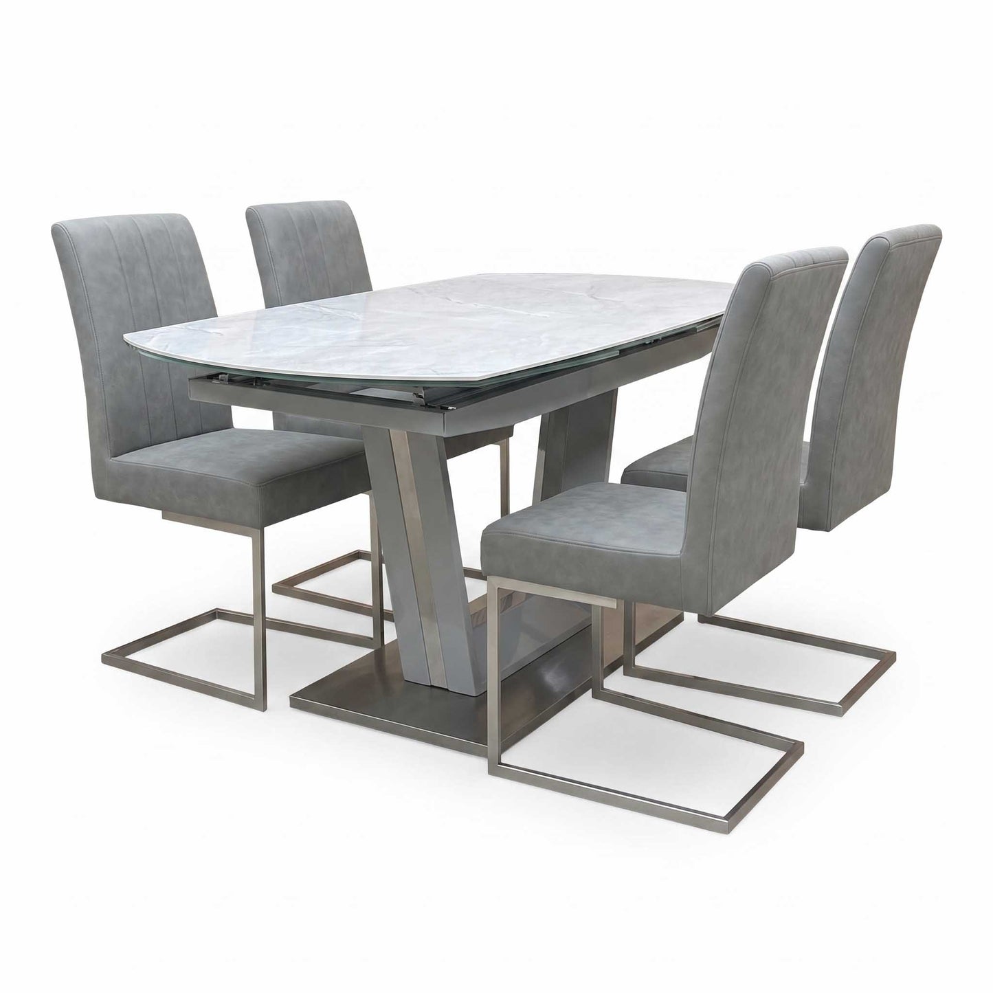 'Grigio' Ceramic Top Swivel Extending Dining Table with Grey Fabric Set of 4 Dining Chairs