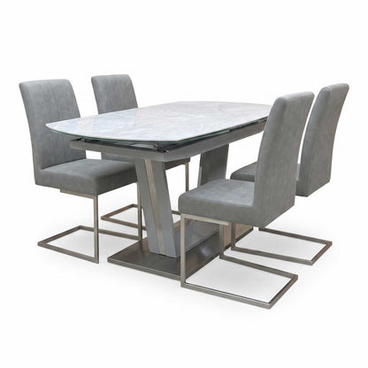 'Grigio' Ceramic Top Swivel Extending Dining Table with Grey Fabric Set of 4 Dining Chairs