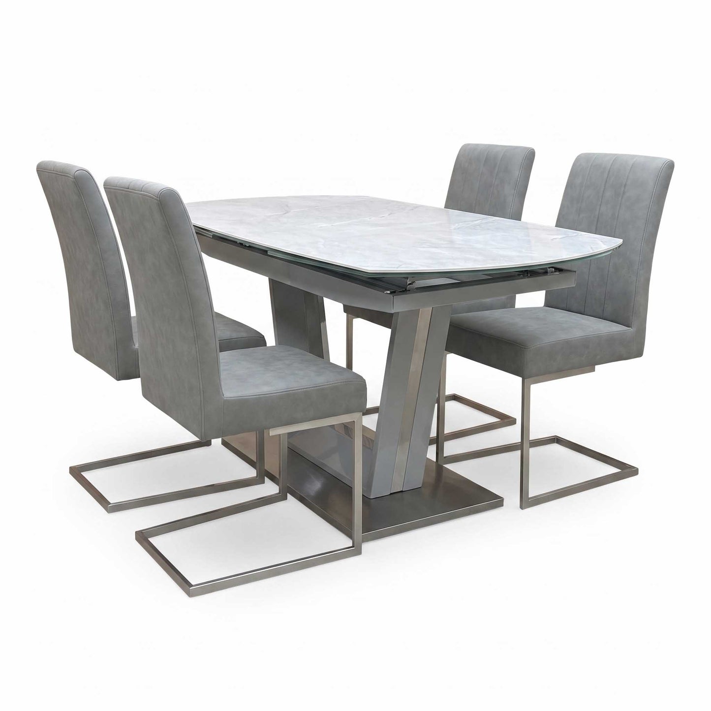 'Grigio' Ceramic Top Swivel Extending Dining Table with Grey Fabric Set of 4 Dining Chairs