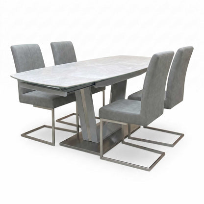 'Grigio' Ceramic Top Swivel Extending Dining Table with Grey Fabric Set of 4 Dining Chairs
