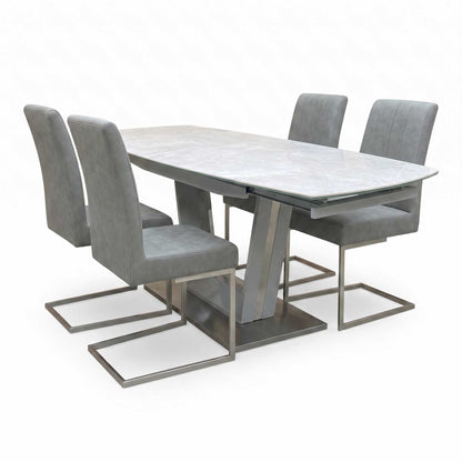'Grigio' Ceramic Top Swivel Extending Dining Table with Grey Fabric Set of 4 Dining Chairs