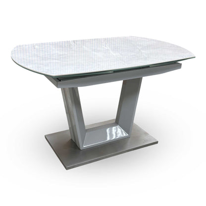 'Grigio' Ceramic Top Swivel Extending Dining Table with Grey Fabric Set of 4 Dining Chairs