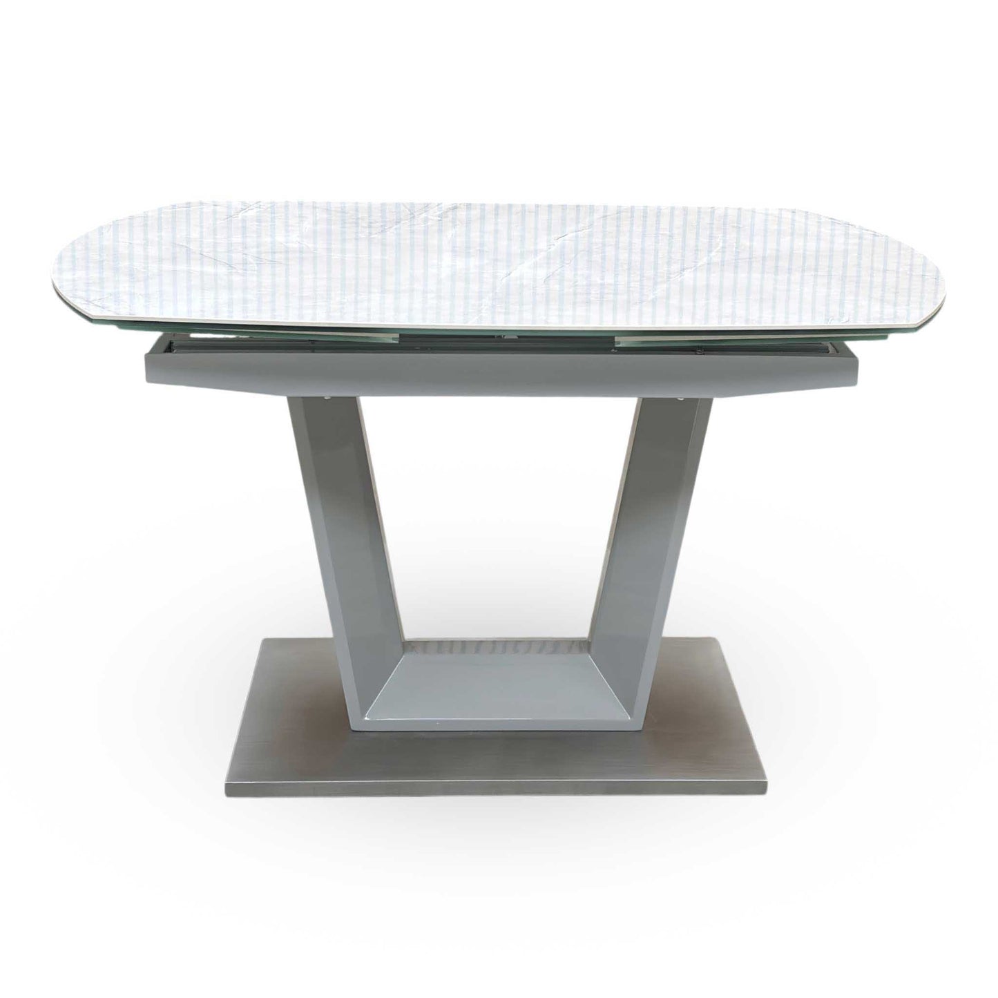 'Grigio' Ceramic Top Swivel Extending Dining Table with Grey Fabric Set of 4 Dining Chairs