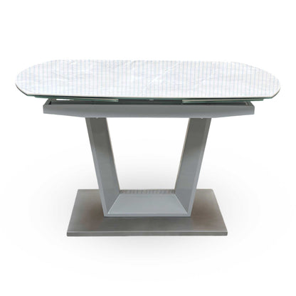 'Grigio' Ceramic Top Swivel Extending Dining Table with Grey Fabric Set of 4 Dining Chairs