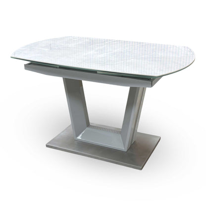 'Grigio' Ceramic Top Swivel Extending Dining Table with Grey Fabric Set of 4 Dining Chairs