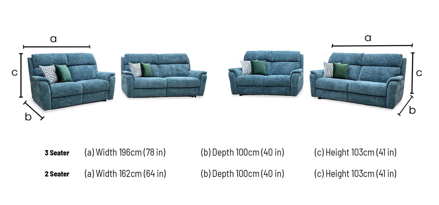 Nicoletti 'Vito' Baobab Blue Fabric 3 + 2 Seater Power Recliner Sofa Set with Power Headrests and Power Lumbar