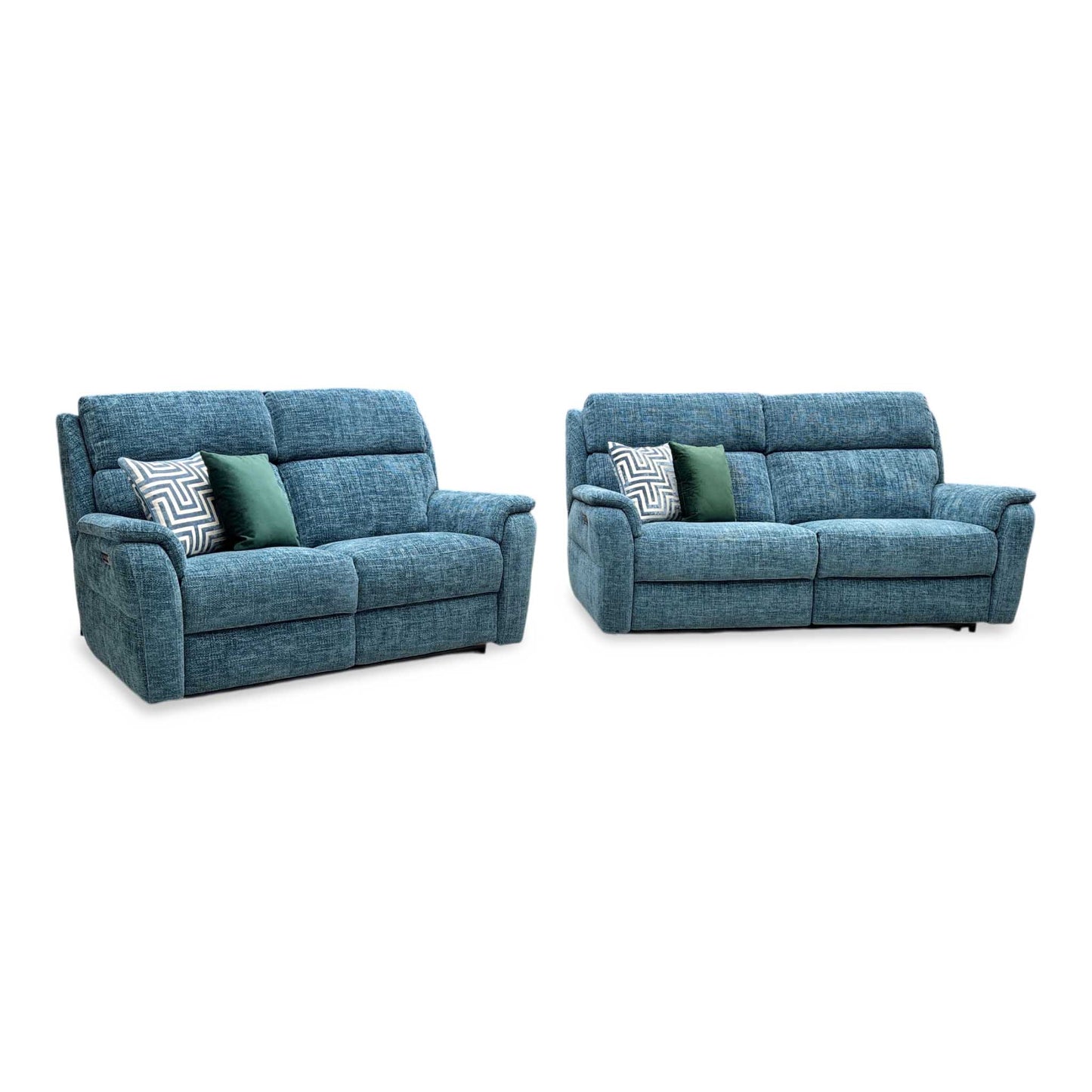 Nicoletti 'Vito' Baobab Blue Fabric 3 + 2 Seater Power Recliner Sofa Set with Power Headrests and Power Lumbar