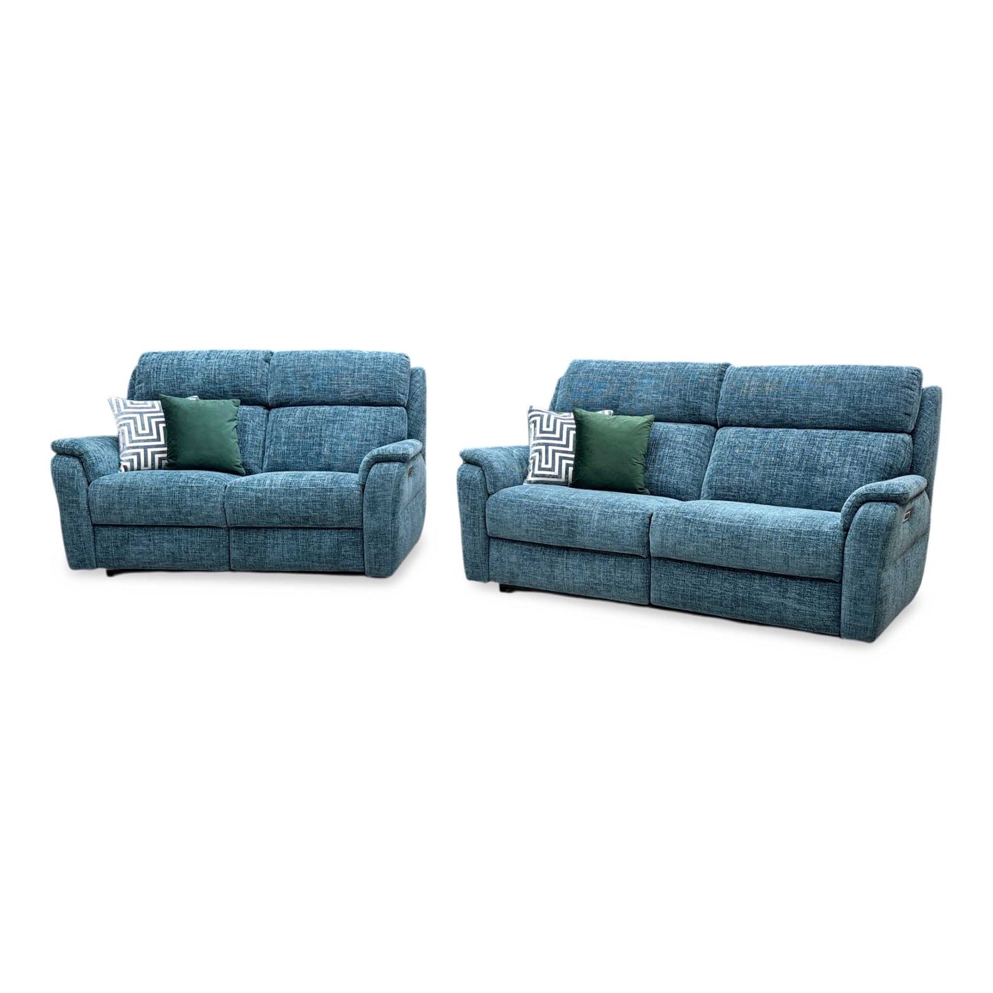 Nicoletti 'Vito' Baobab Blue Fabric 3 + 2 Seater Power Recliner Sofa Set with Power Headrests and Power Lumbar