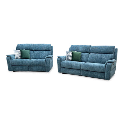 Nicoletti 'Vito' Baobab Blue Fabric 3 + 2 Seater Power Recliner Sofa Set with Power Headrests and Power Lumbar