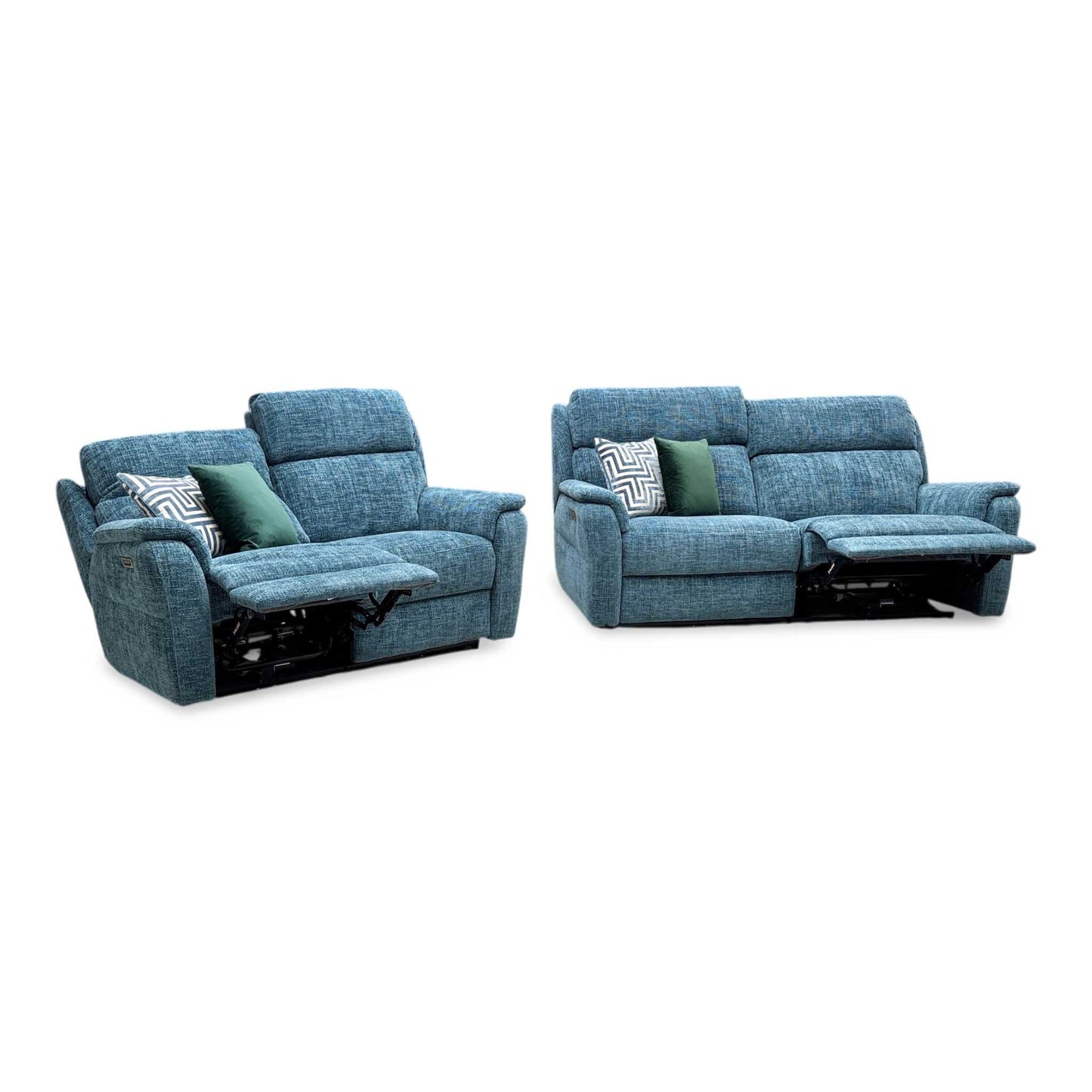 Nicoletti 'Vito' Baobab Blue Fabric 3 + 2 Seater Power Recliner Sofa Set with Power Headrests and Power Lumbar