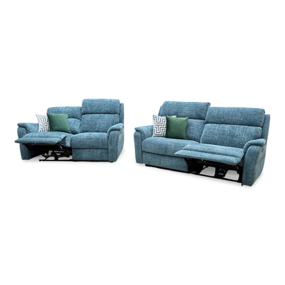Nicoletti 'Vito' Baobab Blue Fabric 3 + 2 Seater Power Recliner Sofa Set with Power Headrests and Power Lumbar