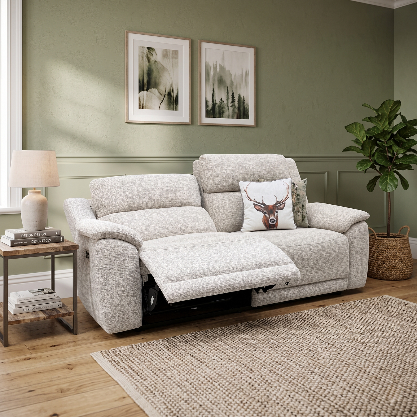 ‘Utah’ Oatmeal Fabric 3 Seater Power Recliner Sofa with Power Headrests and Power Lumbar