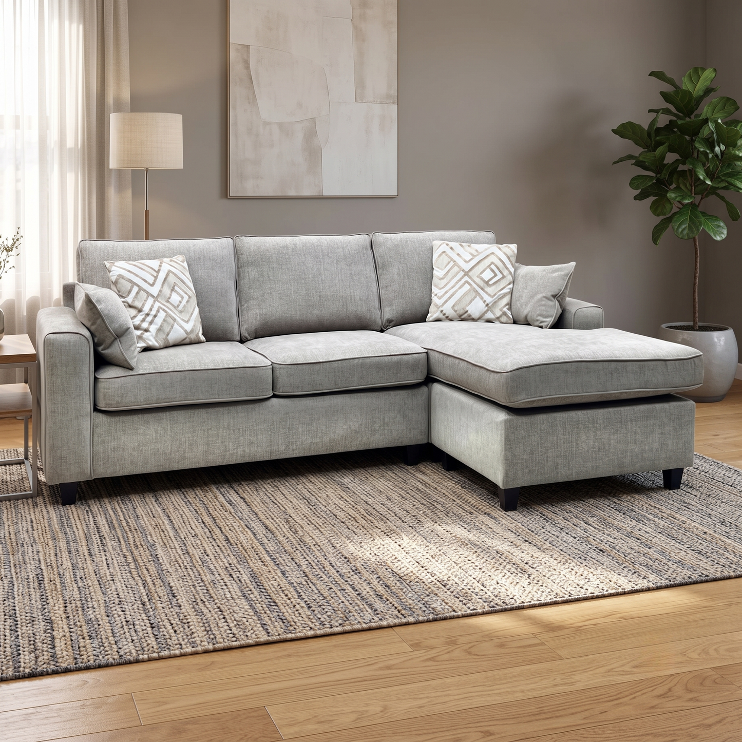 ‘Ripon’ Mink Fabric Right Hand Facing Corner Chaise with Sofa Bed