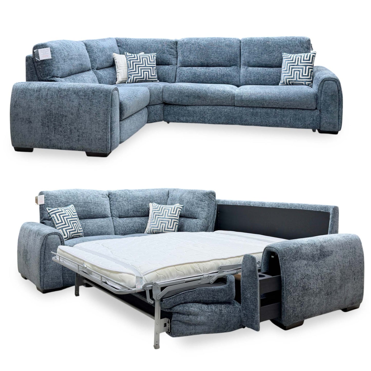 ‘Flex’ Fab-Coe-R303 Silverfish Blue Fabric Left Hand Facing Corner Sofa Bed with Storage Arm