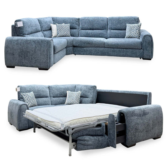 ‘Flex’ Fab-Coe-R303 Silverfish Blue Fabric Left Hand Facing Corner Sofa Bed with Storage Arm
