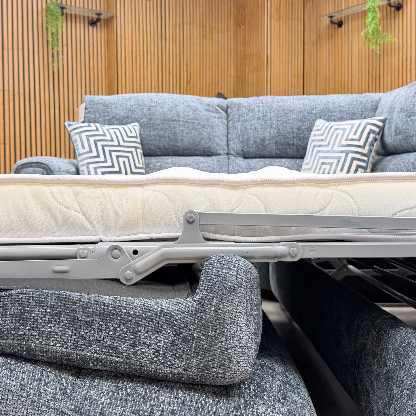 ‘Flex’ Fab-Coe-R303 Silverfish Blue Fabric Left Hand Facing Corner Sofa Bed with Storage Arm