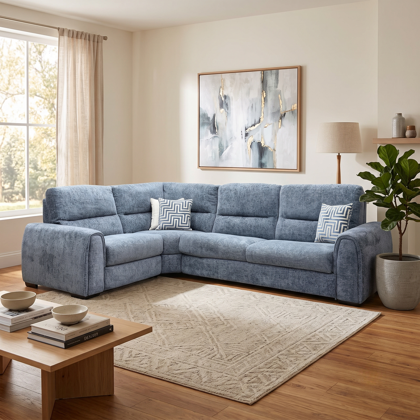 ‘Flex’ Fab-Coe-R303 Silverfish Blue Fabric Left Hand Facing Corner Sofa Bed with Storage Arm