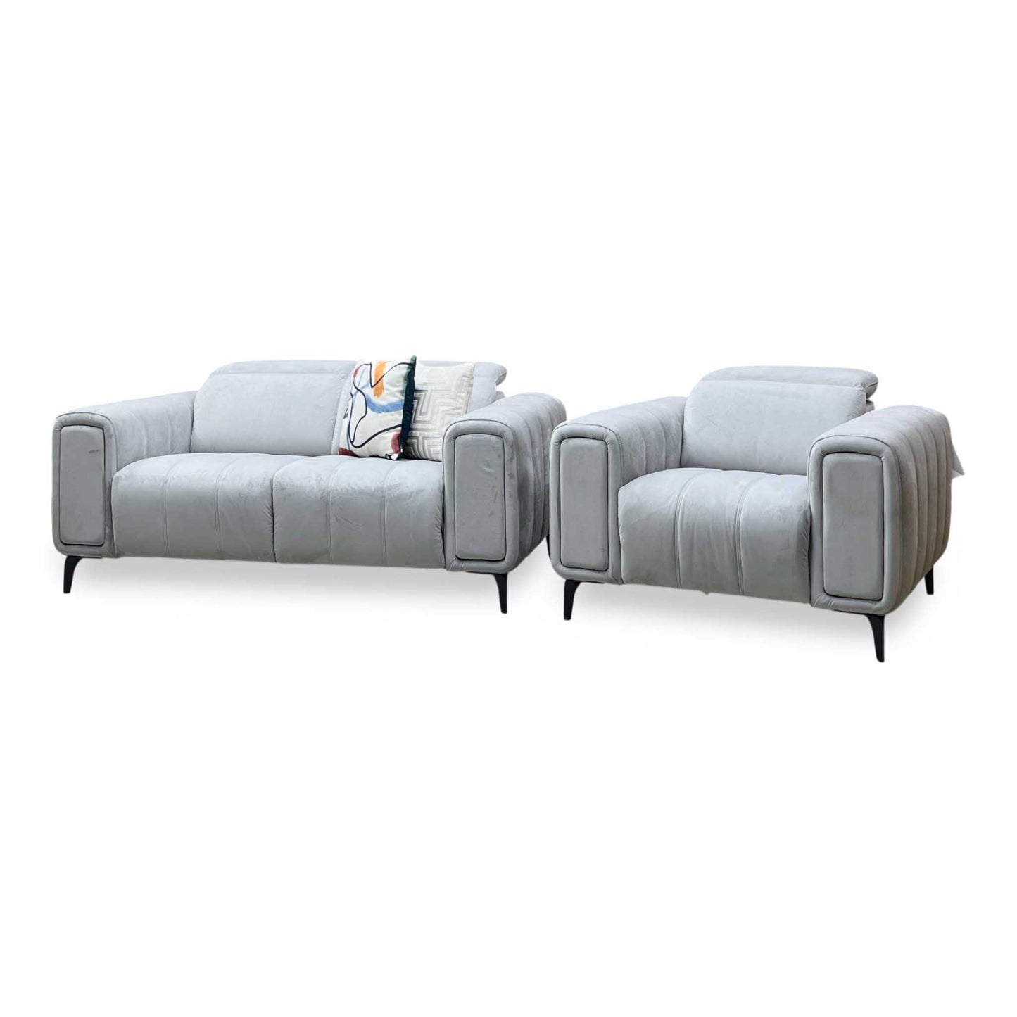 ‘Elphaba’ Opulence Silver 51007 Velvet 2 Seater Sofa + Armchair Storage Arms