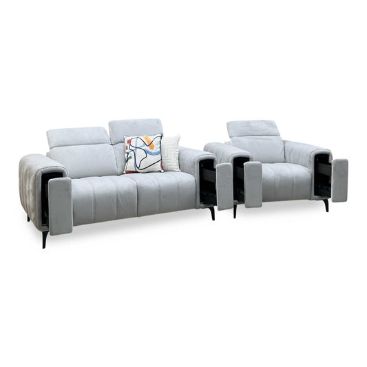 ‘Elphaba’ Opulence Silver 51007 Velvet 2 Seater Sofa + Armchair Storage Arms