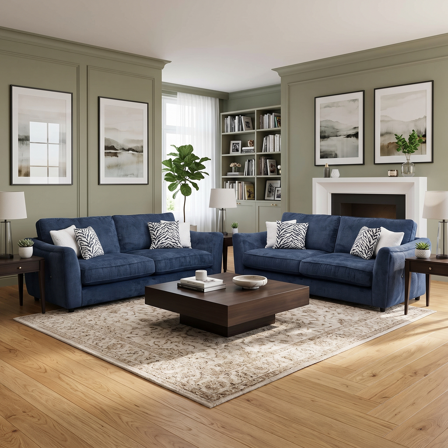 ‘Boujee’ Lustro Indigo Blue Fabric 4 + 4 Seater Classic Back Sofa Set