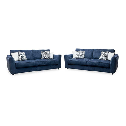 ‘Boujee’ Lustro Indigo Blue Fabric 4 + 4 Seater Classic Back Sofa Set