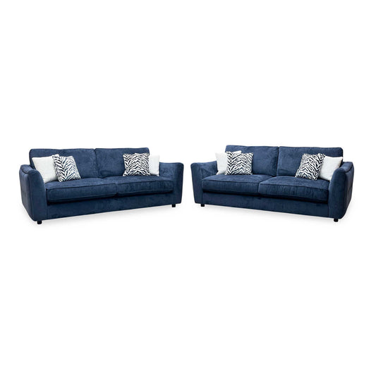 ‘Boujee’ Lustro Indigo Blue Fabric 4 + 4 Seater Classic Back Sofa Set
