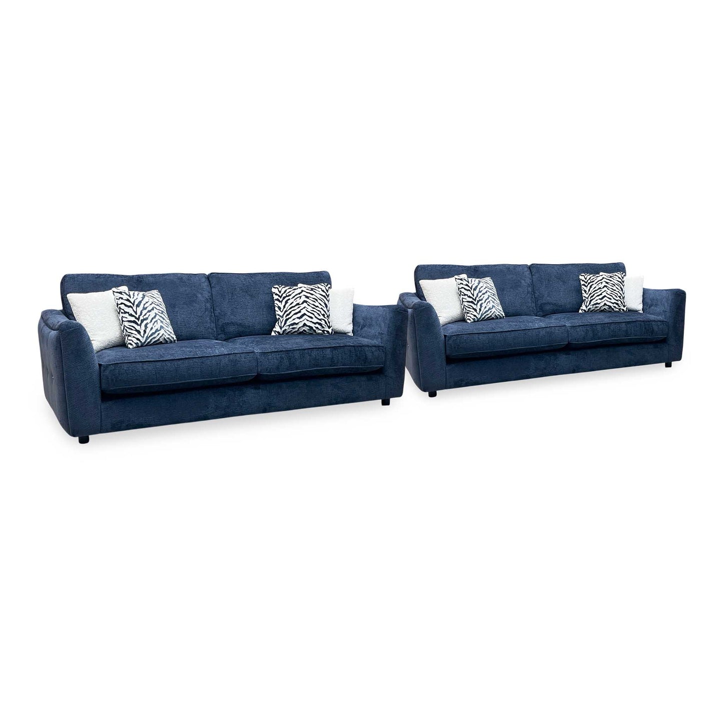 ‘Boujee’ Lustro Indigo Blue Fabric 4 + 4 Seater Classic Back Sofa Set
