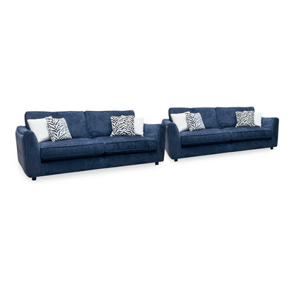 ‘Boujee’ Lustro Indigo Blue Fabric 4 + 4 Seater Classic Back Sofa Set