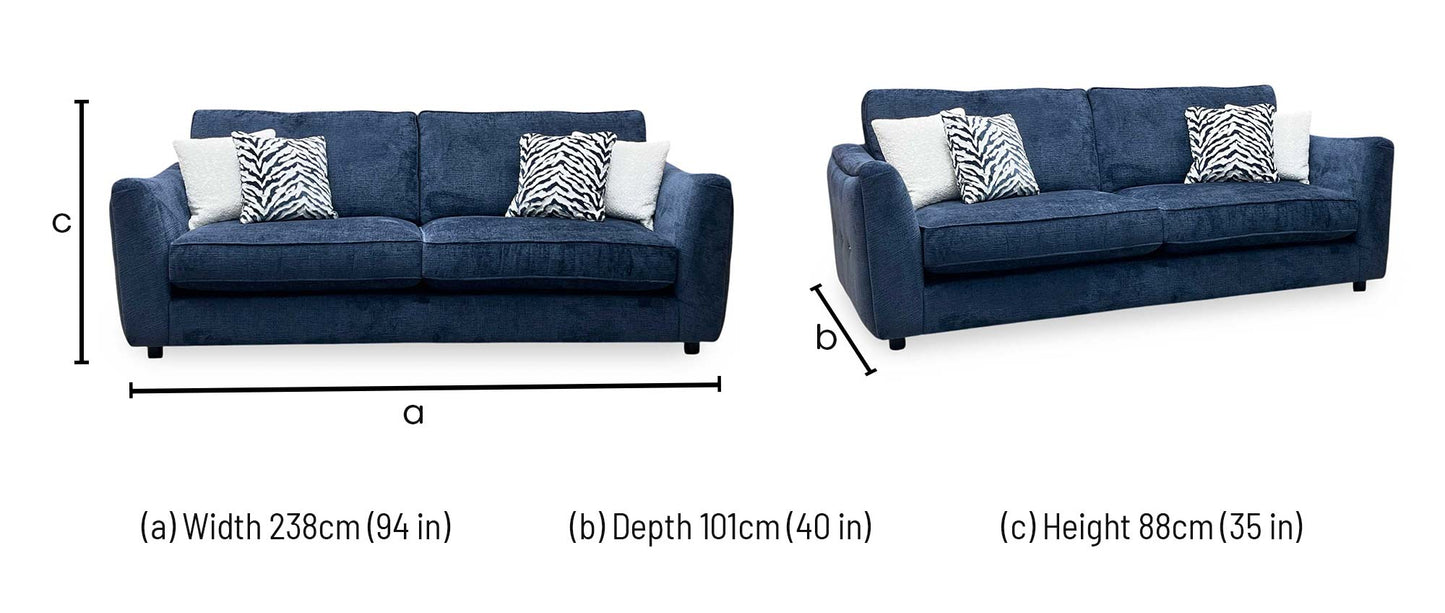 ‘Boujee’ Lustro Indigo Blue Fabric 4 Seater Classic Back Sofa